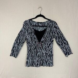 Vintage Apostrophe Black White Zebra Print Ring Accent Draped‎ Top M